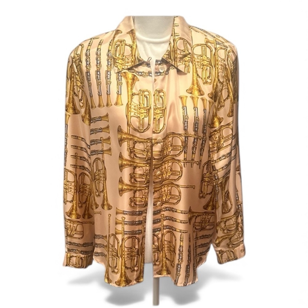 Vtg Louis Feraud Cream Gold Musical Pattern Button Up 100% Silk Blouse Women 10